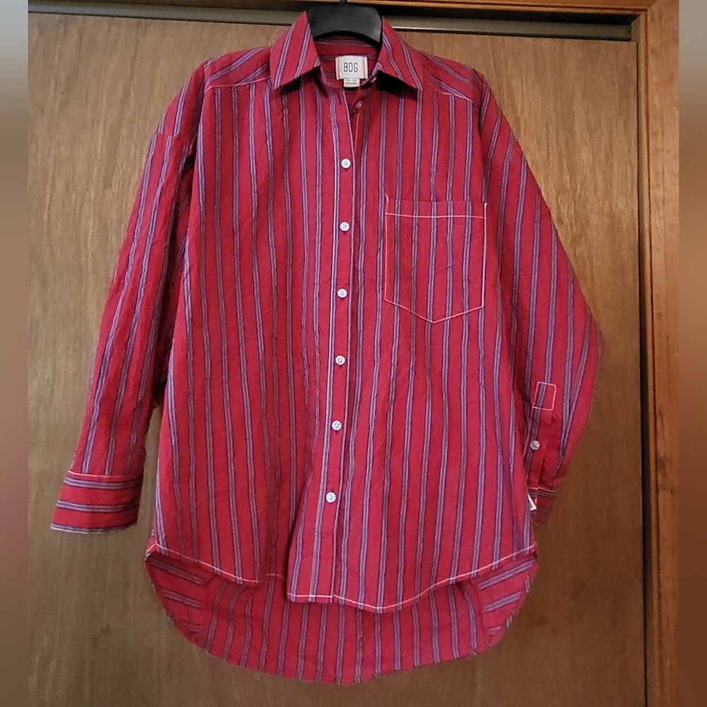 BDG Red and Blue Striped Casual Shirt, XS